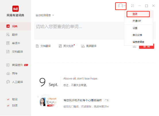 有道字典怎么直接翻译？